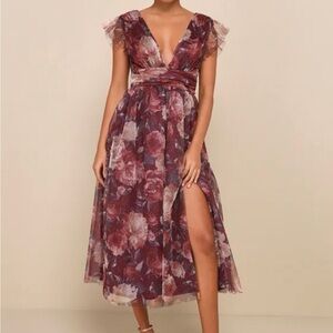 Lulu's Burgundy Floral Midi Dress